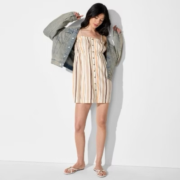 Striped Tan and White Button-front A-line dress from Wild Fable - NWT szL - Picture 1 of 5